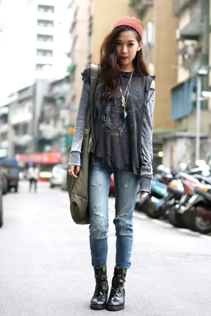 ripped t-shirt and jeans with combat boots