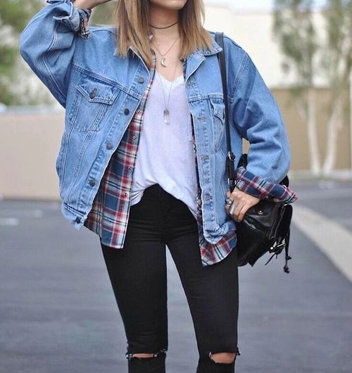 ripped jeans, flannel shirt and denim jacket grunge