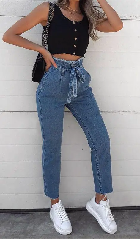 Crop Top With High Waist Jeans cute outfit