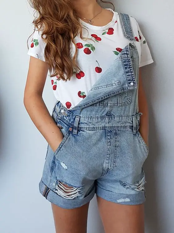 cute outfit in Dungaree Shorts With Cherry Tee