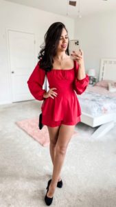 Cute Red Romper Dress With Puff Sleeves