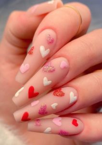 Nude Coffin Nails With Hearts
