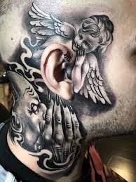 Devil And Angel Tattoo On Ear