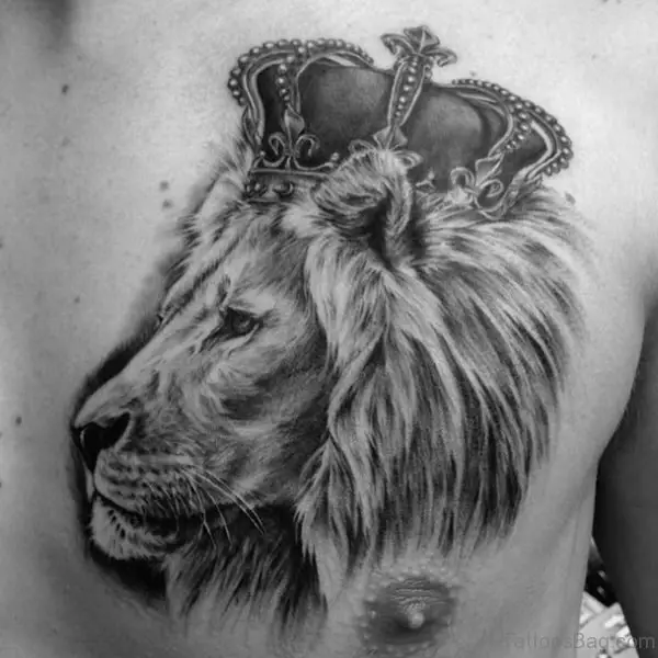 Lion With Crown Chest Tattoo
