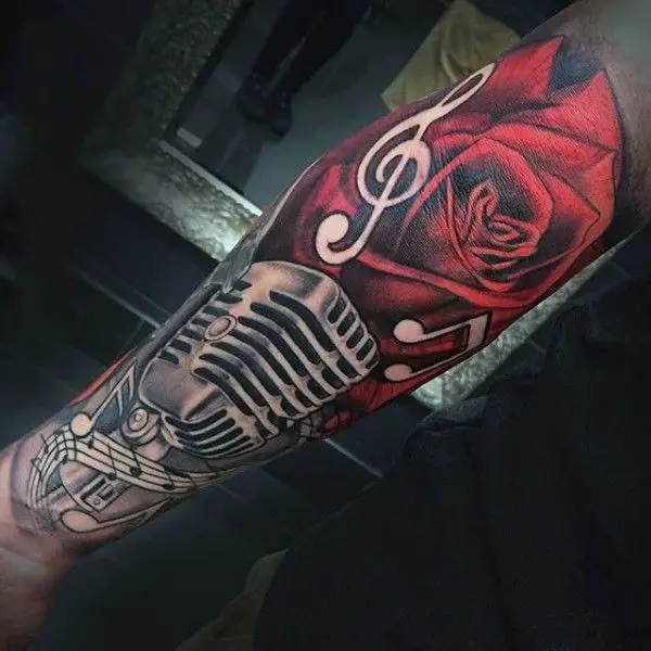 Mic And Rose Sleeve Tattoo