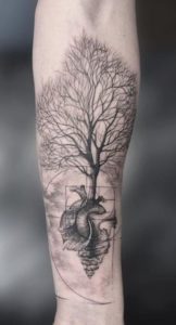 Family Tree And Realistic Heart Tattoo