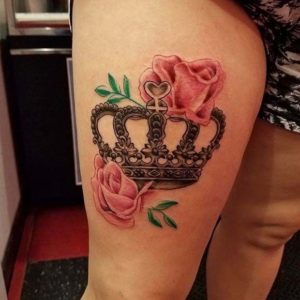 Rose And Crown Thigh Tattoo