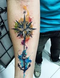 Watercolor Anchor And Compass Tattoo