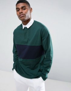 Coloublocked Long Sleeve Polo With White Trousers
