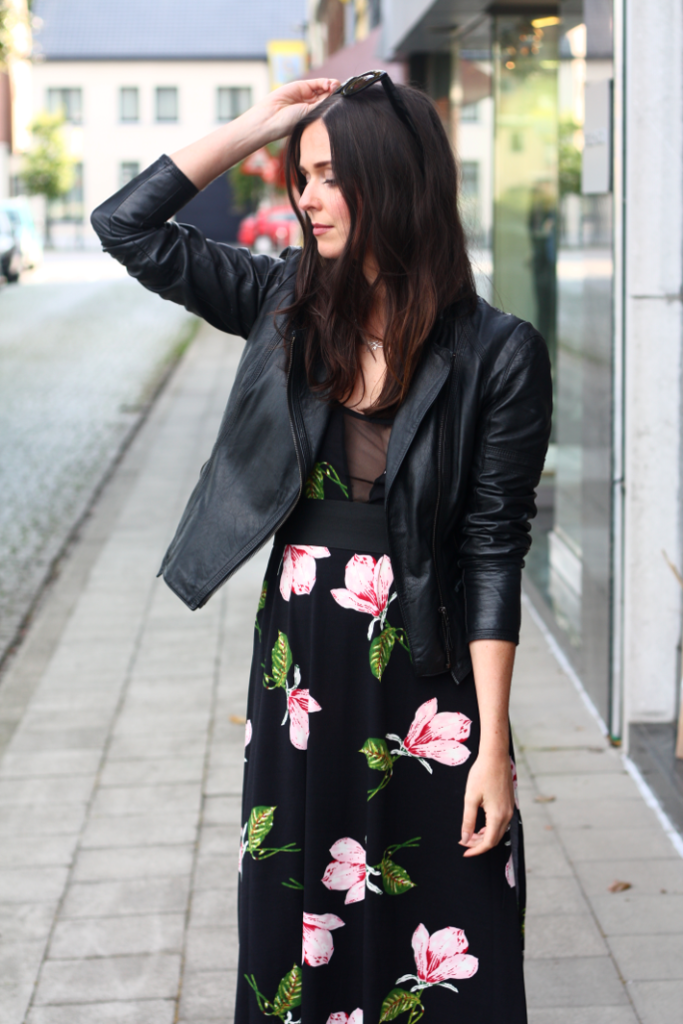 Leather Jacket Over A Printed Dress