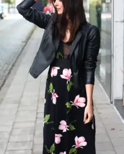 Leather Jacket Over A Printed Dress
