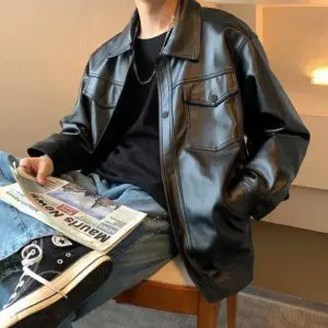 black oversized leather jacket