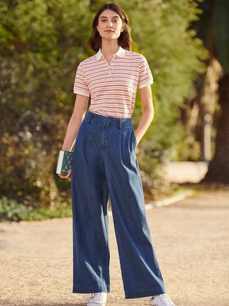 Striped Polo Shirt With Wide Leg Pants