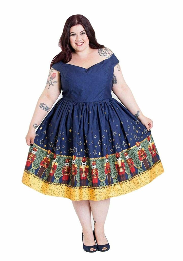 Off Shoulder Plus Size Knee Length Dress With Retro Prints