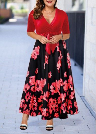 Red And Black Floral Print Maxi Dress