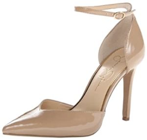 Put on a pair of nude-colored high heels.