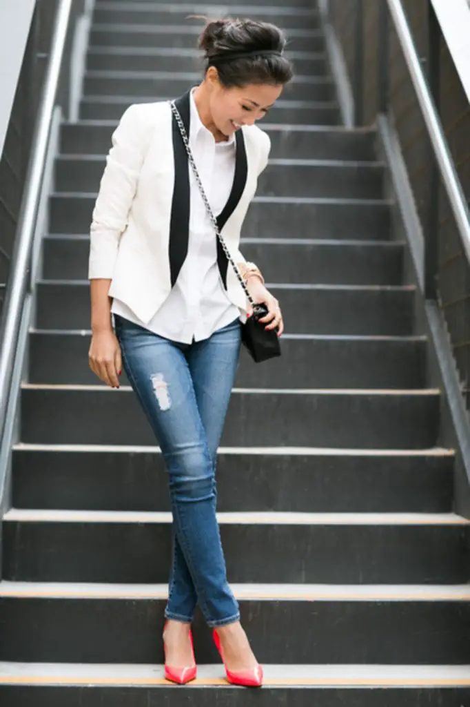 White Tuxedo Jacket With Distressed Jeans 