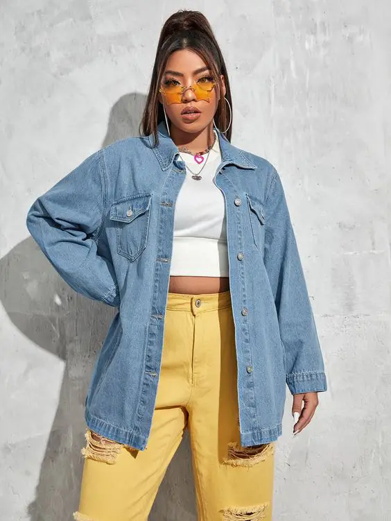 Plus Size Denim Shacket With Ripped Jeans
