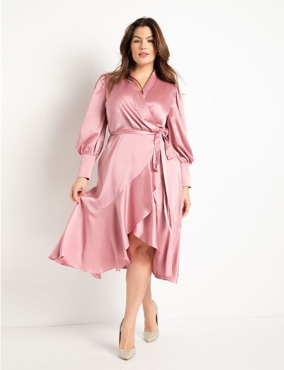 Plus Size High Rise Crossover Dress With Bishop Sleeves