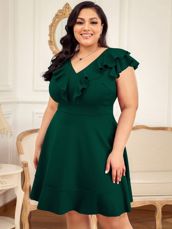 Solid Plus Size Midi Dress With Ruffle Sleeve