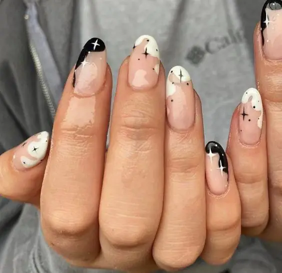 Black And White French Tips With Star Design 