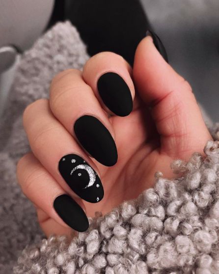 Black Matte Oval Nails With Glitter Designs