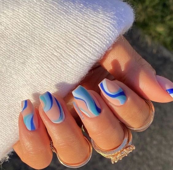 Blue And Nude Long Squoval Nails 