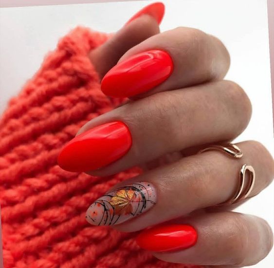 Bright Orange Oval Nails With Fall Nails 