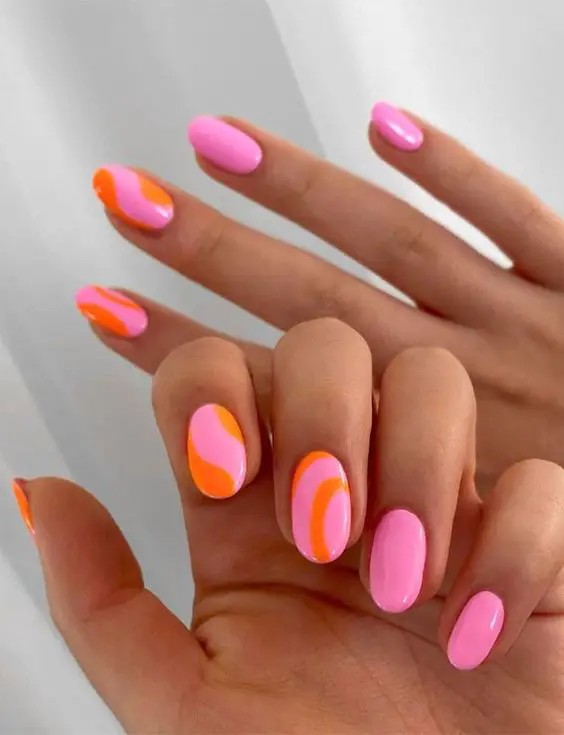 Candy Pink And Orange Oval Nails 