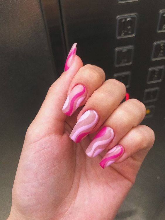 Long Two Tone Pink Squoval Nails 