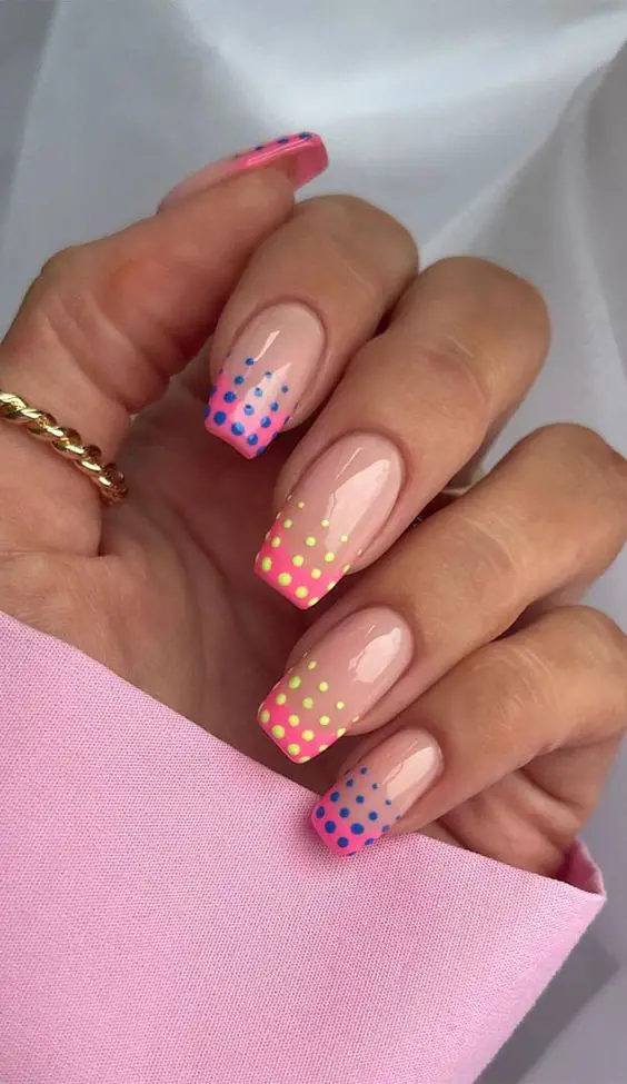 Pink Squoval French Tips With Polka Dots 