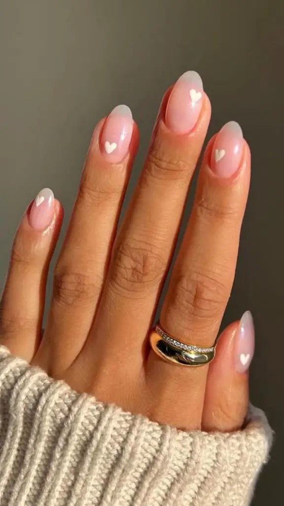 Short Nude Oval Nails With Cute Hearts 