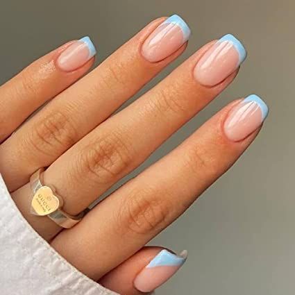 Squoval Nails With Blue French Tips 