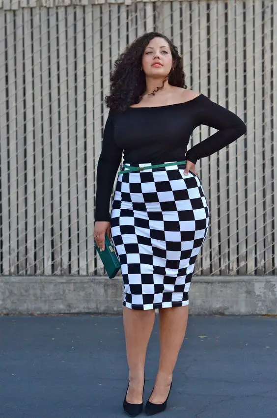 Checkered Pencil Skirt With Off Shoulder Top