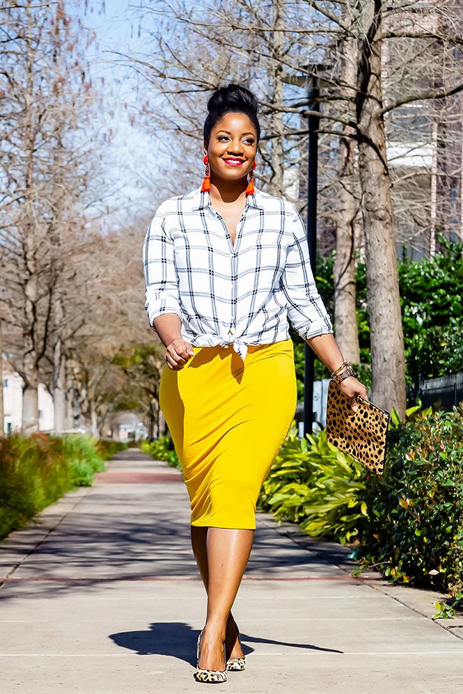 Pencil Skirt With Checkered Shirt