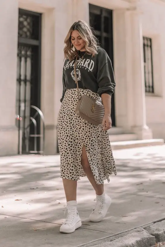Plus Size Printed Midi Skirt With Sweatshirt