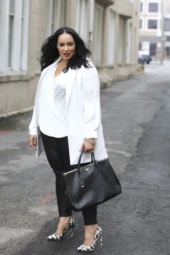 White Plus Size Blazer With Black Leather Pants
