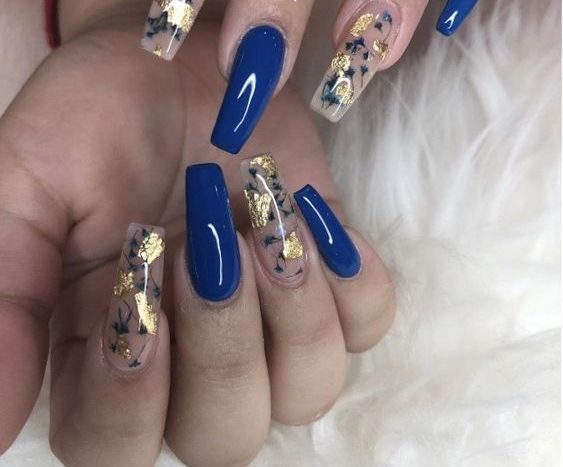 Alternate Blue And Clear Nails With Gold Foil 
