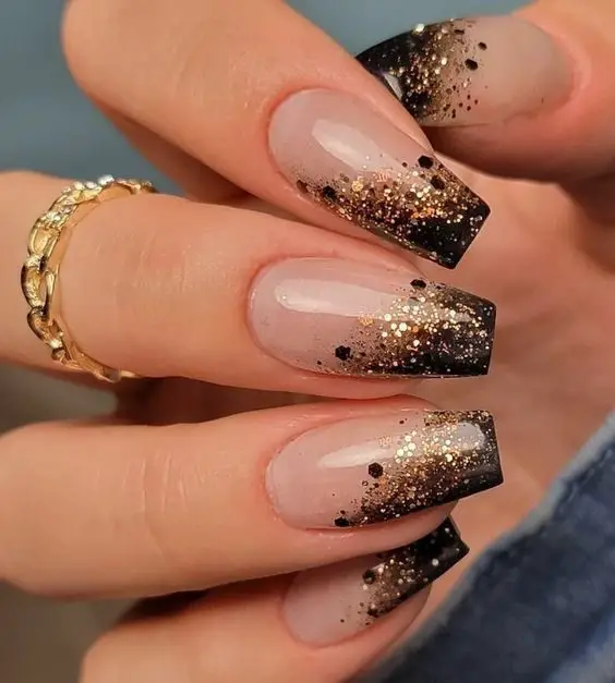 Black And Gold Glitter Nails 
