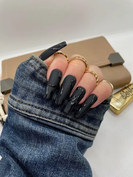 Black Matte Nails With Resin Art 