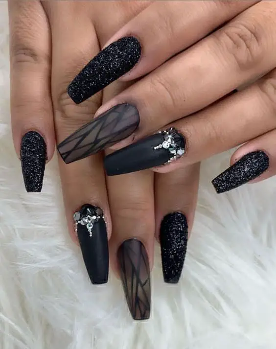 Black Matte Nails With Stones 