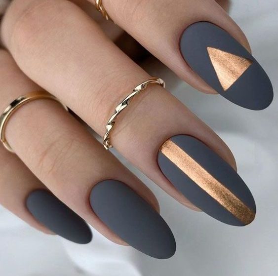 Dark Grey Nails With Gold Details 