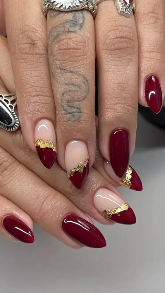 Dark Red Almond Nails With Foil 