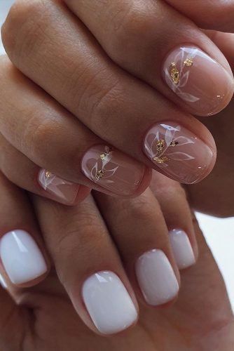 Floral White Nails With Gold Foil 
