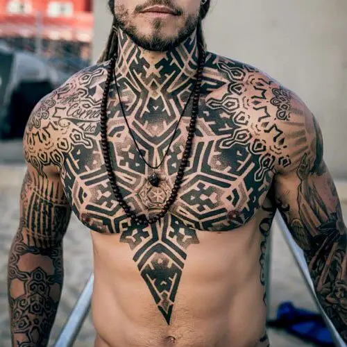 Full Chest Tribal Tattoo With Dot Work 
