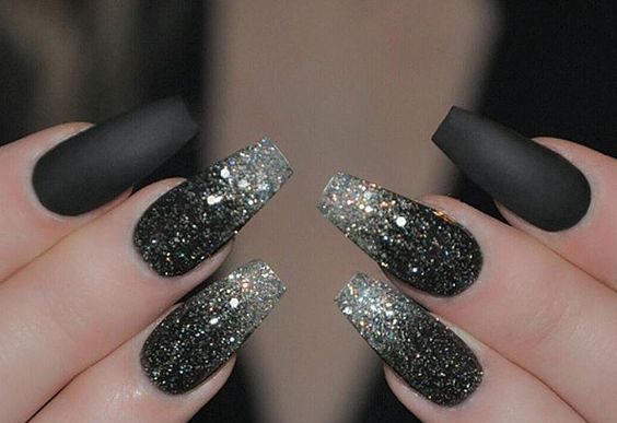 Glittery Black And White Nails 