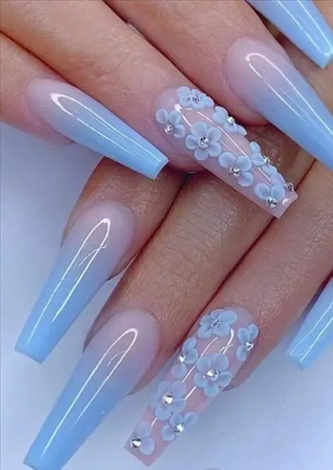 Glossy Blue Nails With 3D Nails 