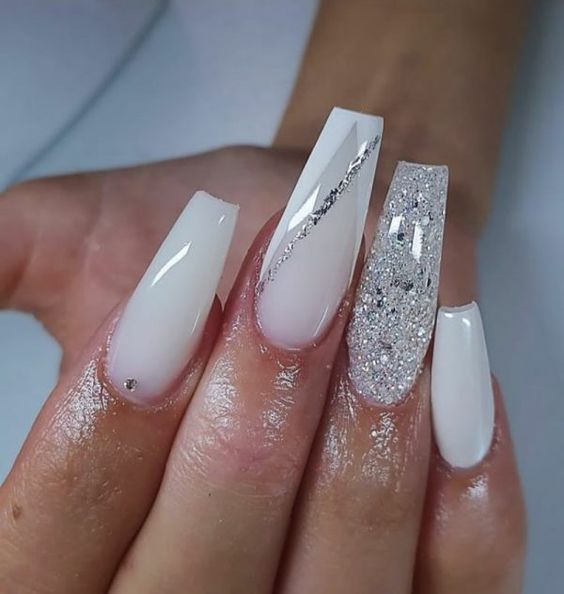 Glossy White Nails With Stones 