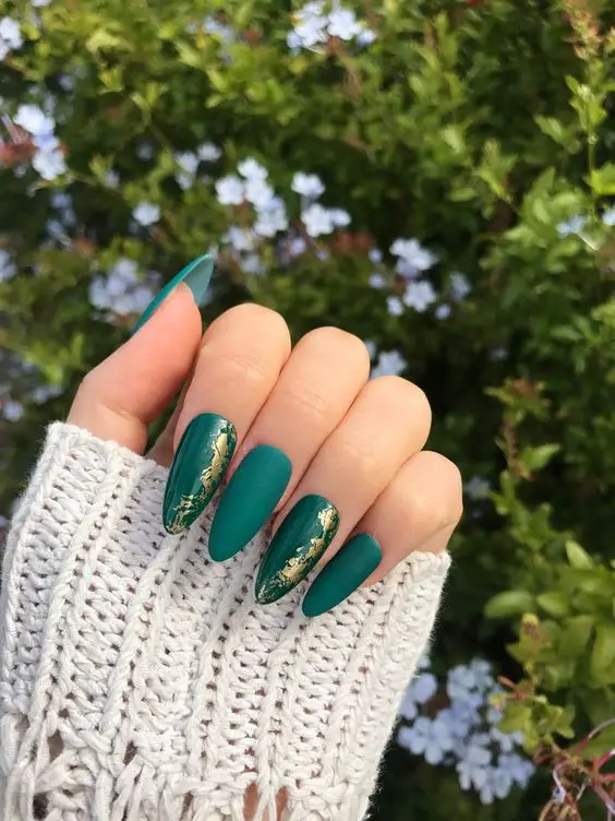 Green Matte Nails With Gold Foil 