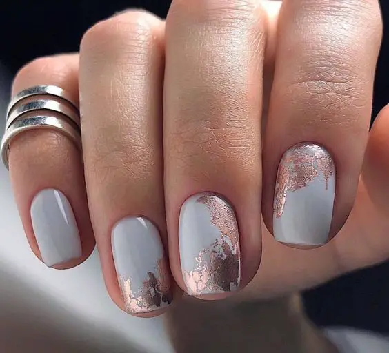 Grey Nails With Gold Foil 